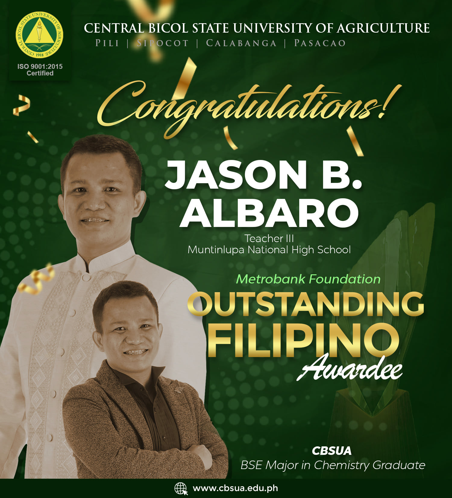 Metrobank awards CBSUA Alumnus as Outstanding Filipino