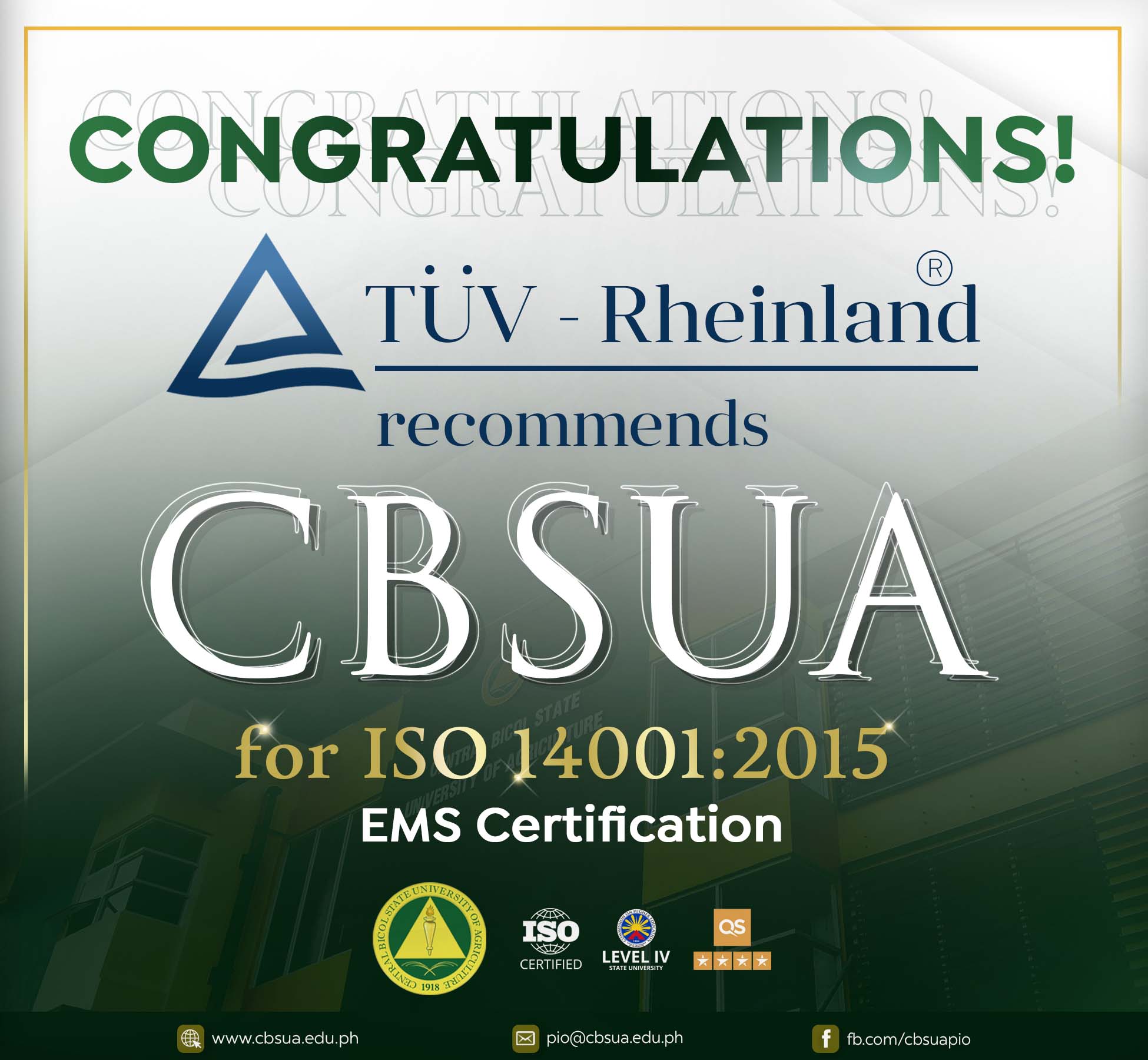 TÜV-RHEINLAND RECOMMENDS CBSUA FOR ISO 14001:2015-EMS
