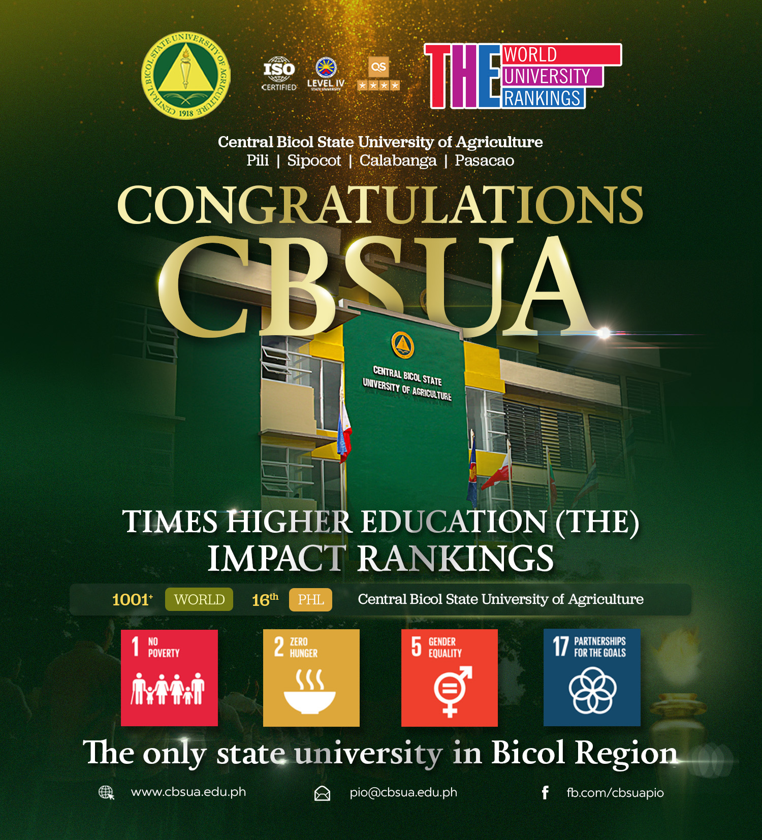 CBSUA LEADS THE WAY AS THE ONLY STATE UNIVERSITY IN BICOL REGION, RANKS 16TH IN THE PHILIPPINES TO QUALIFY FOR TIMES HIGHER EDUCATION (THE) IMPACT RANKINGS