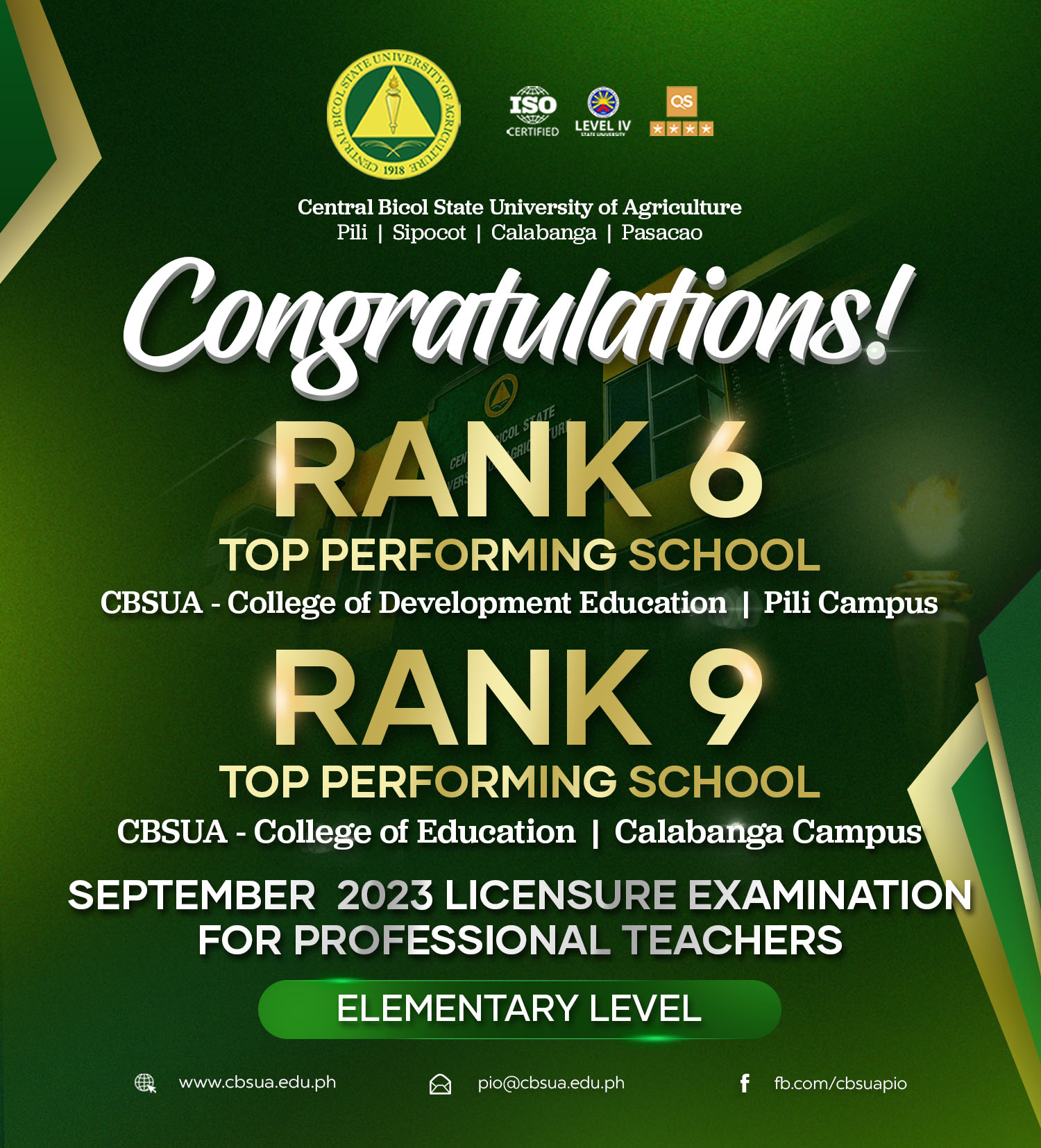 CBSUA ACHIEVES RANKINGS IN SEPTEMBER 2023 LICENSURE EXAMINATION FOR PROFESSIONAL TEACHERS – ELEMENTARY LEVEL