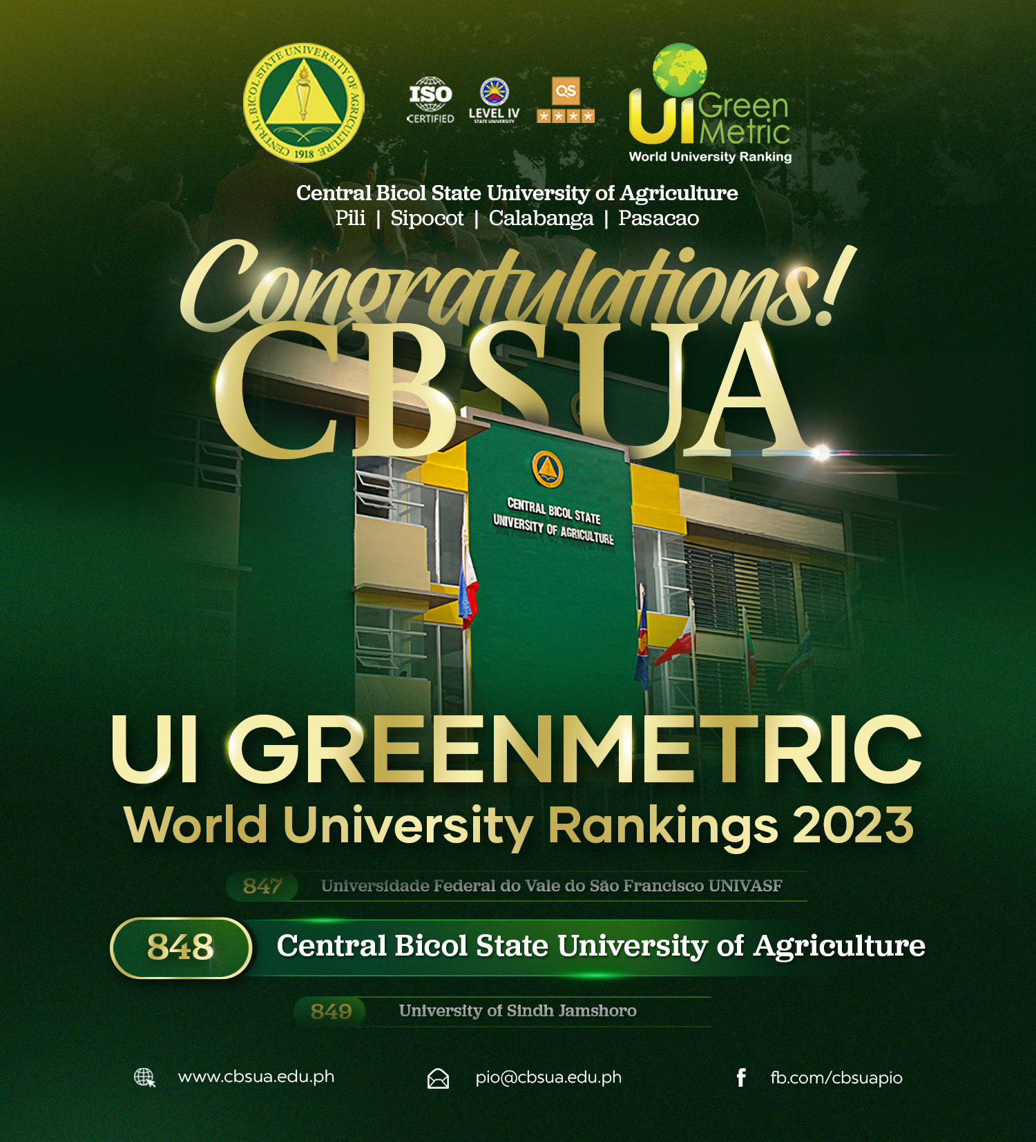 CBSUA SECURES POSITION IN UI GREENMETRIC WORLD UNIVERSITY RANKING