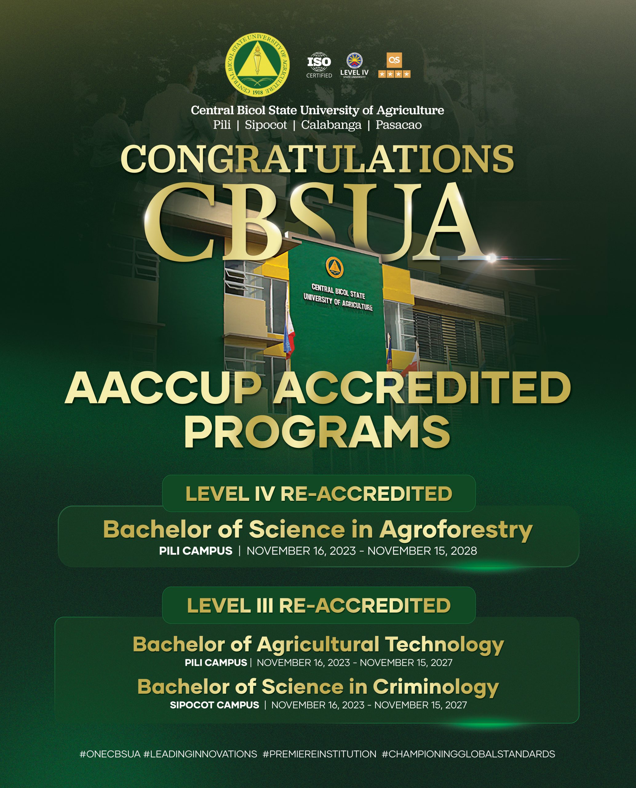 AACCUP CONFERS THREE CBSUA COLLEGE PROGRAMS WITH RE-ACCREDITED STATUS