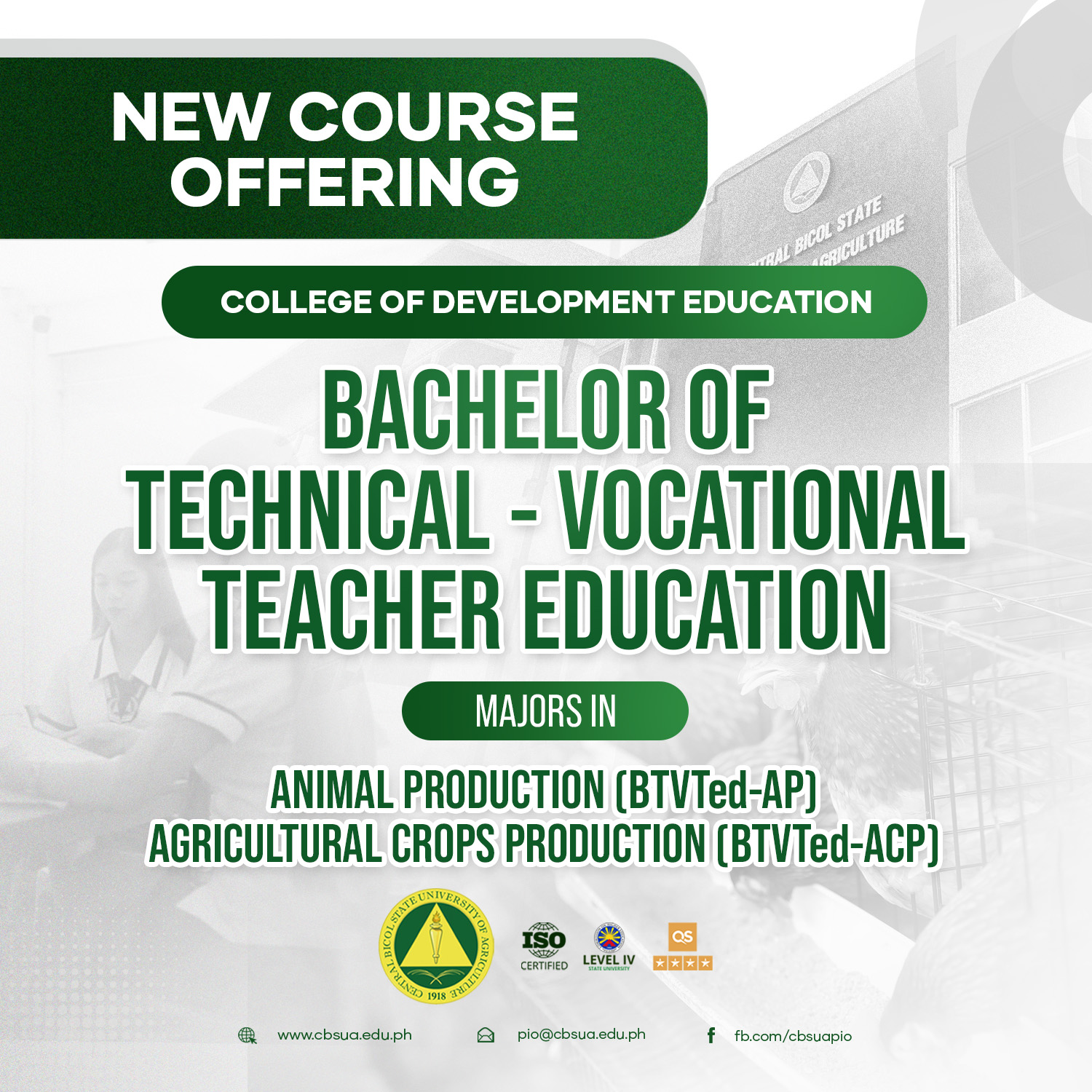 CHED APPROVES CBSUA CDE TO OFFER BTVTED MAJORS IN AGRICULTURAL CROPS PRODUCTION, ANIMAL PRODUCTION