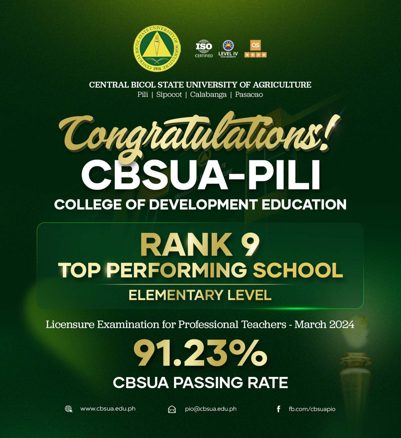 CBSUA CDE PILI PLACES AMONG TOP PERFORMING SCHOOLS IN MARCH 2024 LET RESULTS CBSUA