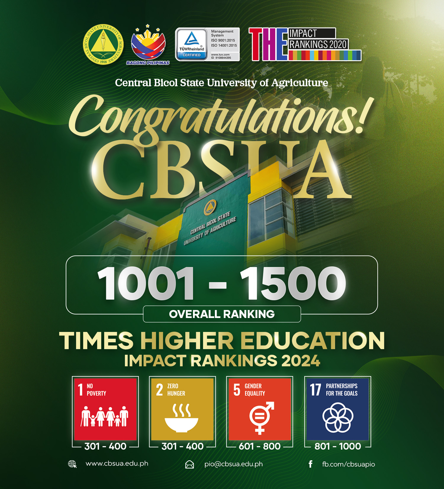 CBSUA SHINES IN TIMES HIGHER EDUCATION IMPACT RANKINGS 2024