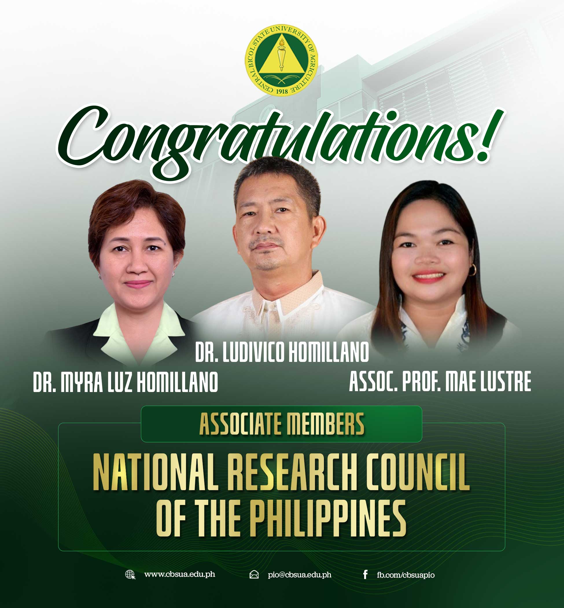 CBSUA PILI FACULTY EARN SPOTS AS ASSOCIATE MEMBERS OF THE NATIONAL RESEARCH COUNCIL OF THE PHILIPPINES (NRCP)