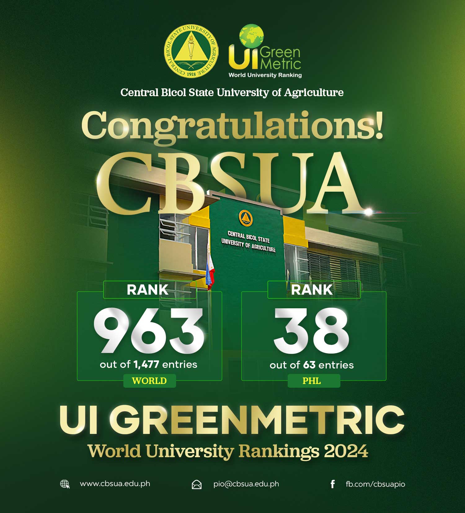 CBSUA AGAIN RECOGNIZED AS A GLOBAL SUSTAINABILITY LEADER